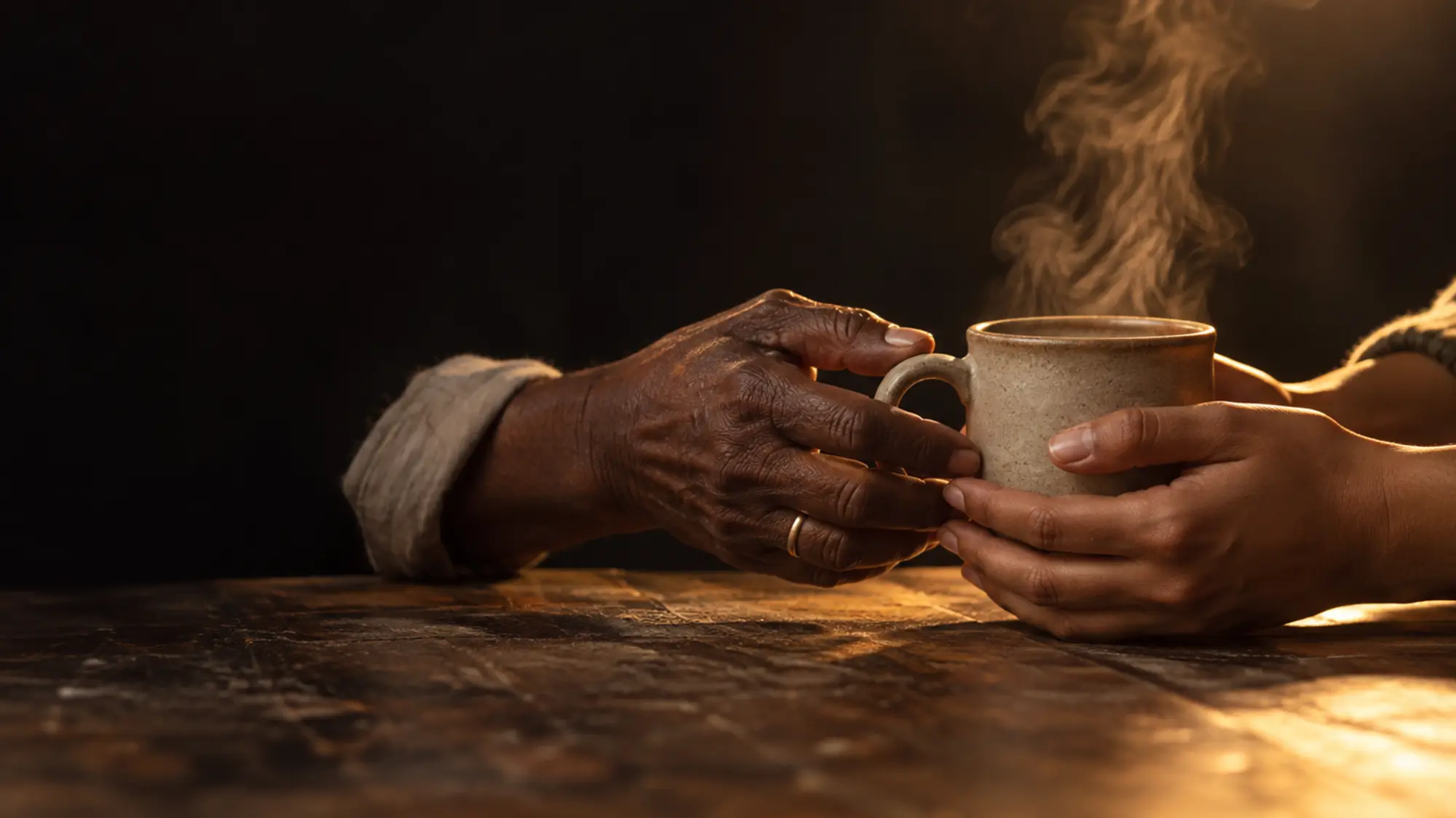 Two people passing a warm mug across a table, one pair of hands steadying the other