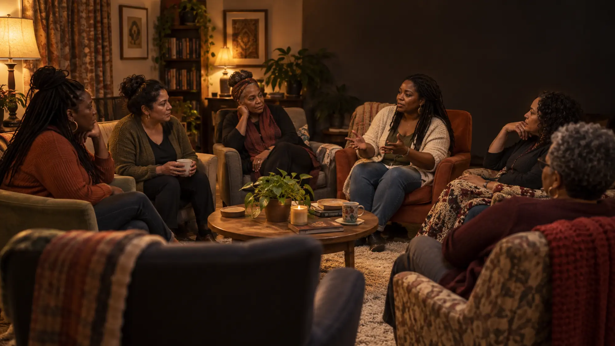 A small group of women seated in a living room mid-conversation