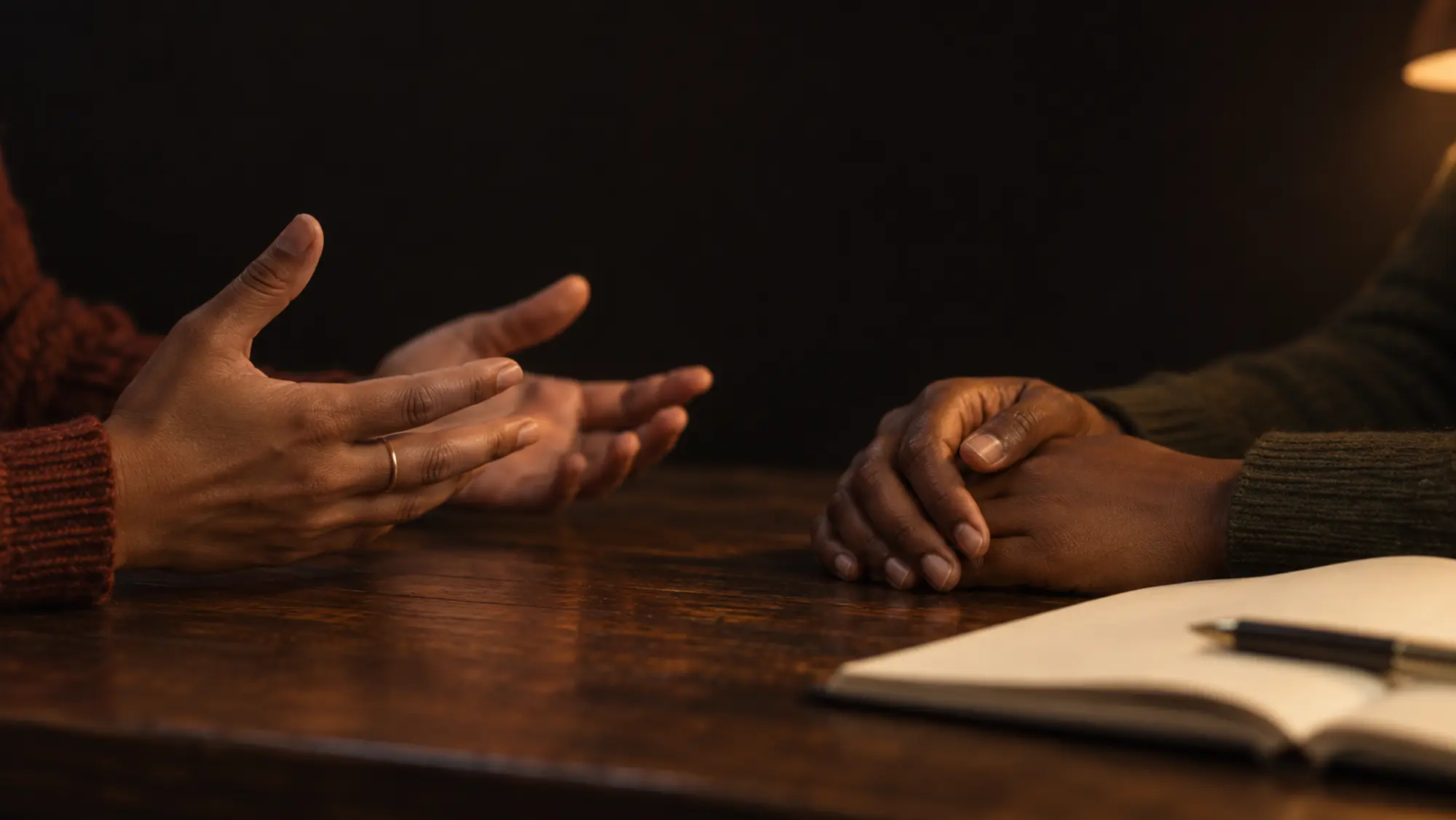 Two people talking across a table, one gesturing beside an open notebook