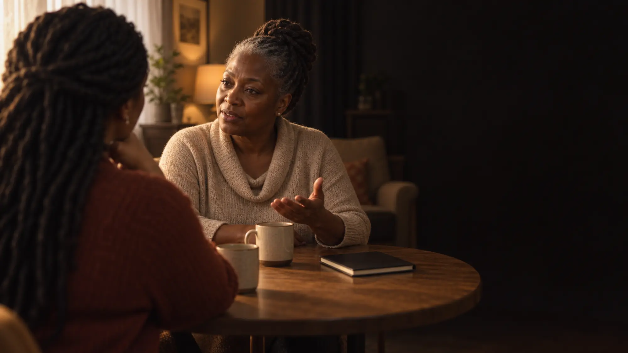A coaching conversation across a small table, two cups between them