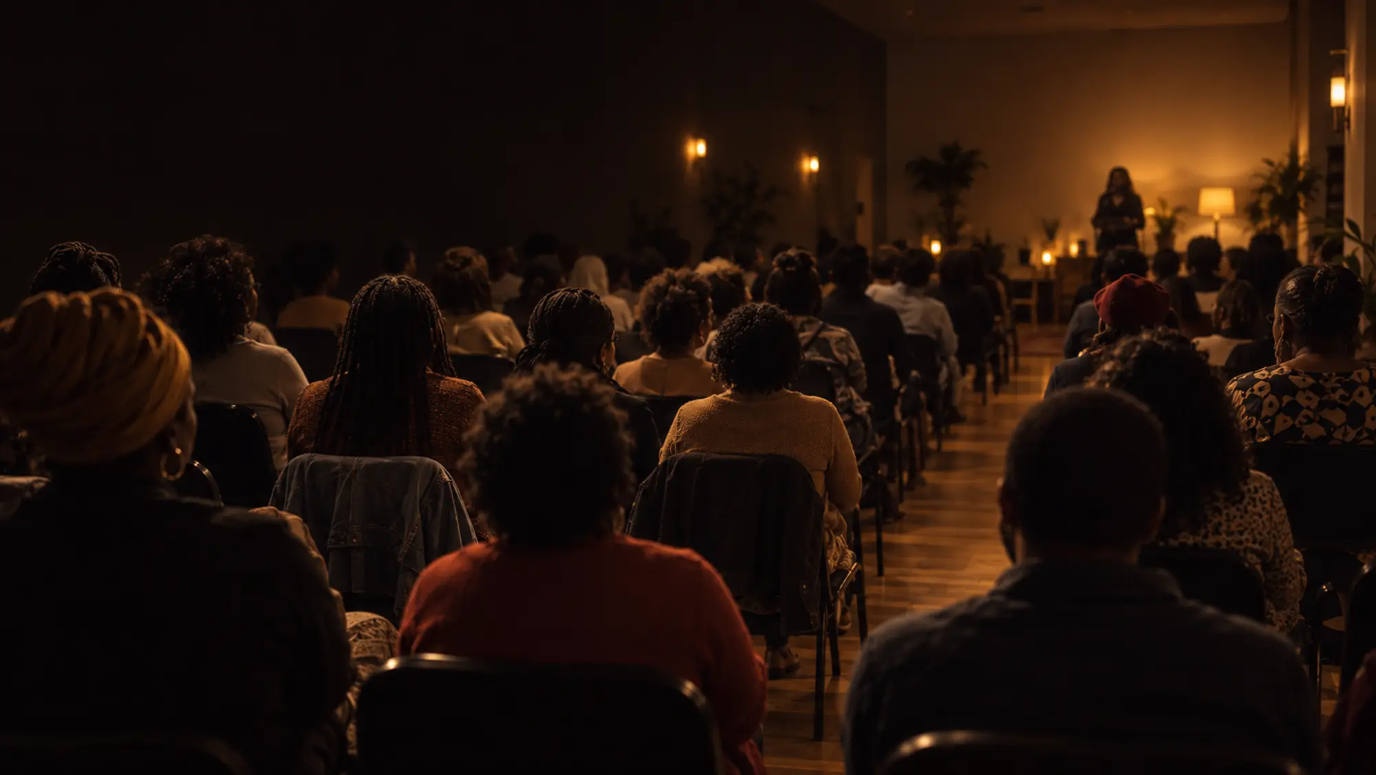An audience seated in a warmly lit room, listening to a speaker at the front
