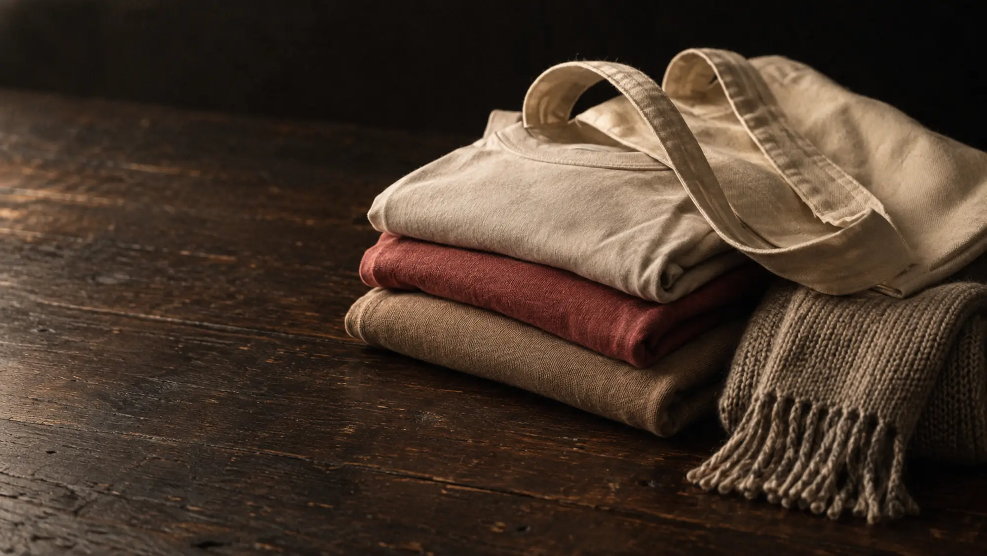 Folded shirts, a knitted scarf and a canvas tote stacked on a wooden surface
