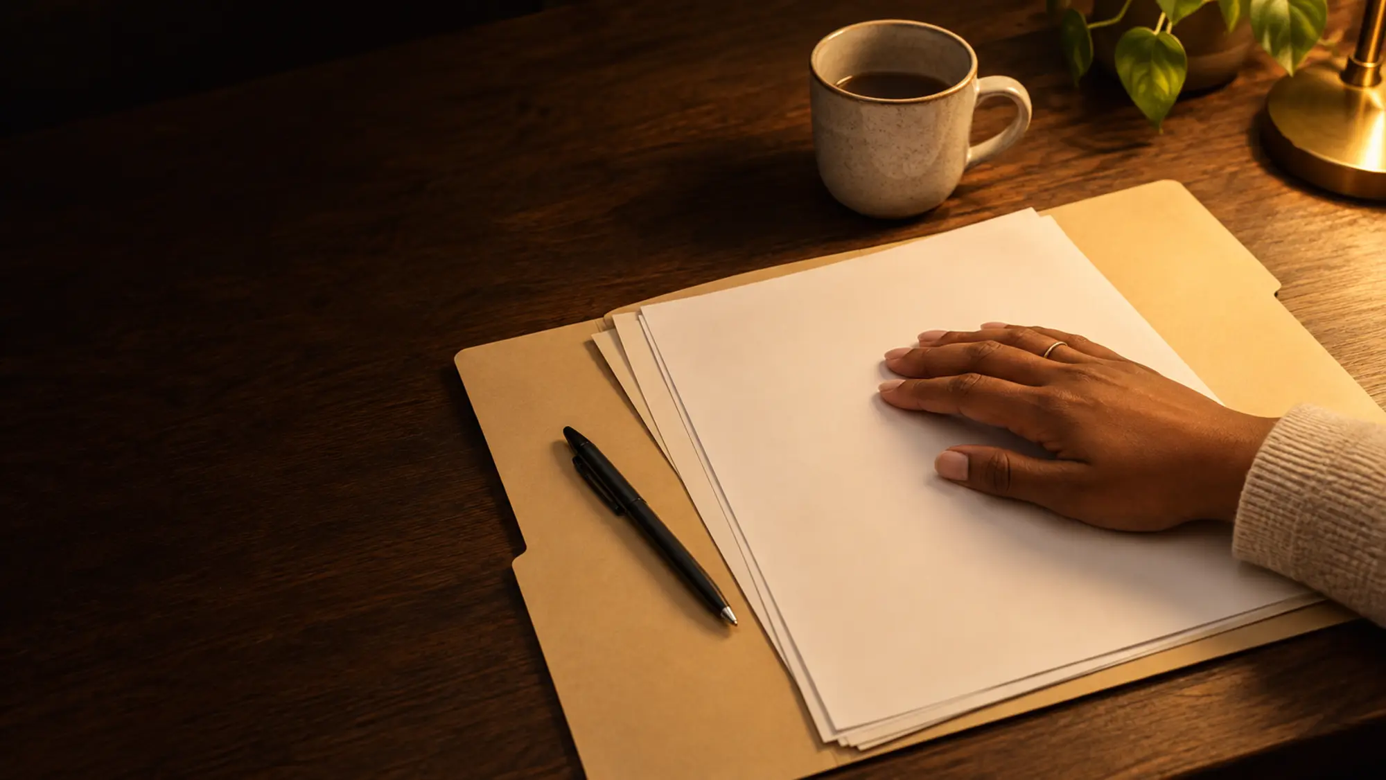 A quiet desk with a notepad, a pen and a warm drink